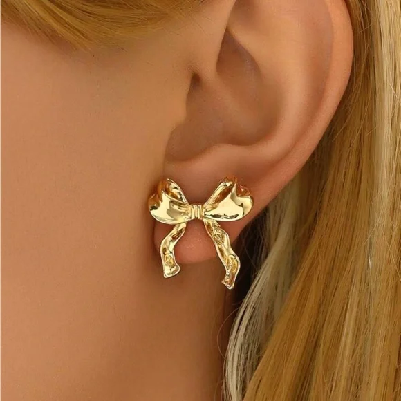 Gold Coquette Bow Earrings - Picture 2 of 5